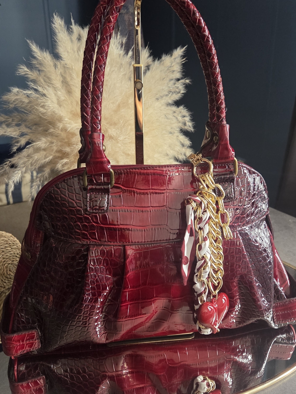 Worthington Burgundy Patent Croc Embossed Satchel Tote w/ Heart Chain Charm